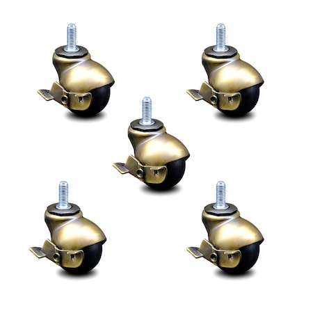Service Caster 2 Inch Antique Brass Hooded 3/8 Inch Threaded Stem Ball Casters with Brake, 5PK SCC-TS01S20-POS-WA-SLB-38-5
